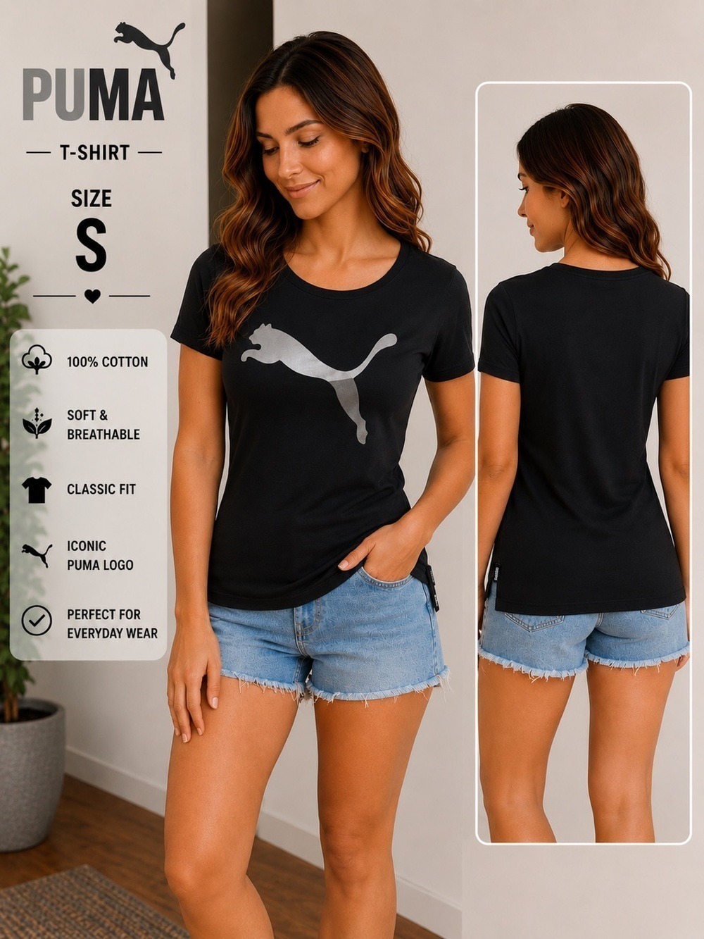 Puma Black Logo Graphic Tee Size Small Women’s Short Sleeve Cotton Casual Shirt
